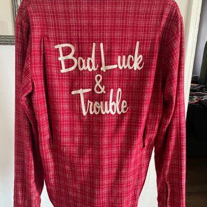 FiberOps Plaid Button-Down with embroidered lettering & Japanese kimono Inserts